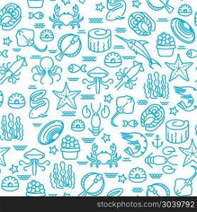 Outline seafood, sushi seamless vector pattern. Outline seafood, sushi seamless vector pattern. Marine background with fish and seaweed illustration