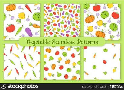 Outline seamless vegetable background set vector flat illustration. Background design with carrot, pumpkin, tomato and cabbage silhouette vegetable seamless texture in natural color for wallpaper. Outline seamless vegetable background vector set