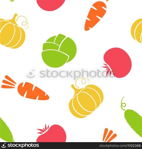Outline seamless vegetable background vector flat illustration. Modern background design with carrot, pumpkin, tomato and cabbage silhouette vegetable seamless texture in natural color for wallpaper. Outline seamless vegetable background illustration