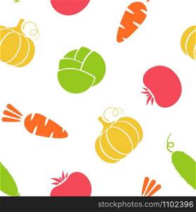 Outline seamless vegetable background vector flat illustration. Modern background design with carrot, pumpkin, tomato and cabbage silhouette vegetable seamless texture in natural color for wallpaper. Outline seamless vegetable background illustration
