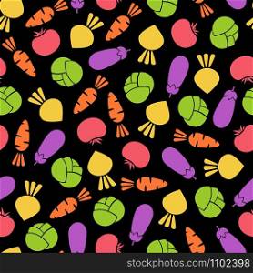Outline seamless vegetable background vector flat illustration. Modern seamless texture black background design with tomato, eggplant, cabbage and carrot, turnip vegetable silhouette in natural colors. Outline seamless vegetable black background design