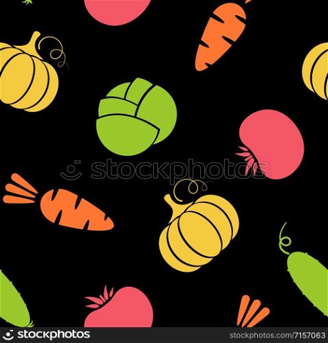 Outline seamless vegetable background vector flat illustration. Modern seamless texture black background design with carrot and cabbage, tomato and pumpkin silhouette vegetable in natural colors. Outline seamless vegetable black background design