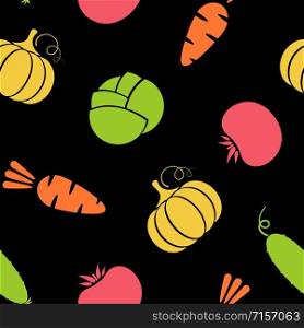 Outline seamless vegetable background vector flat illustration. Modern seamless texture black background design with carrot and cabbage, tomato and pumpkin silhouette vegetable in natural colors. Outline seamless vegetable black background design