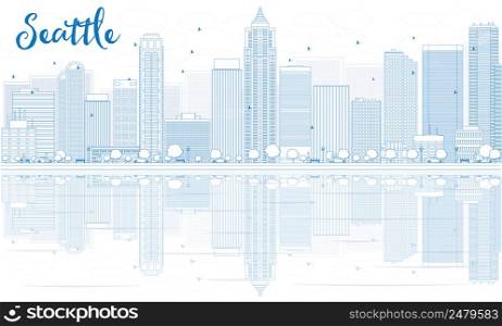 Outline Seattle skyline with blue buildings and reflections. Vector illustration. Business travel and tourism concept with place for text. Image for presentation, banner, placard and web site.
