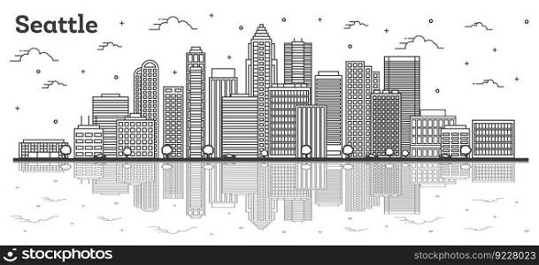 Outline Seattle Washington City Skyline with Modern Buildings and Reflections Isolated on White. Vector Illustration. Seattle USA Cityscape with Landmarks. 