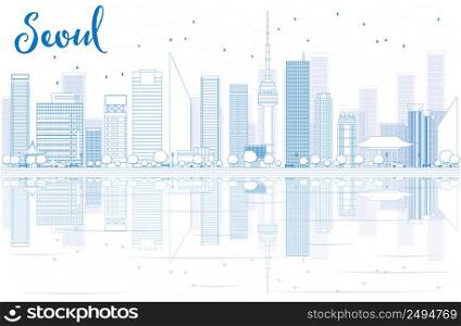 Outline Seoul skyline with Blue buildings and reflections. Vector illustration. Business travel and tourism concept with place for text. Image for presentation, banner, placard and web site.