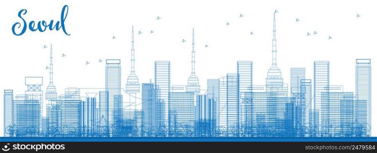 Outline Seoul skyline with blue buildings. Vector illustration. Business travel and tourism concept with modern buildings. Image for presentation, banner, placard and web site.