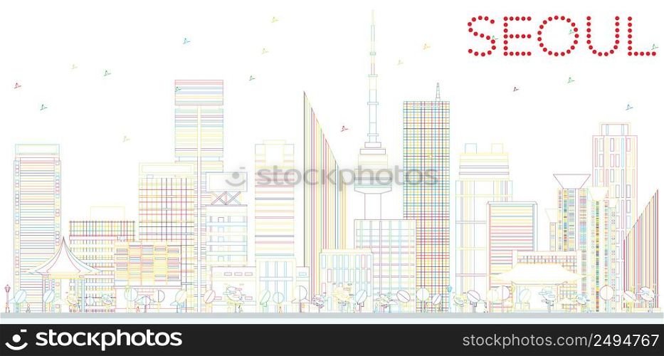 Outline Seoul Skyline with Color Buildings. Vector Illustration. Business Travel and Tourism Concept with Modern Architecture. Image for Presentation and Banner.