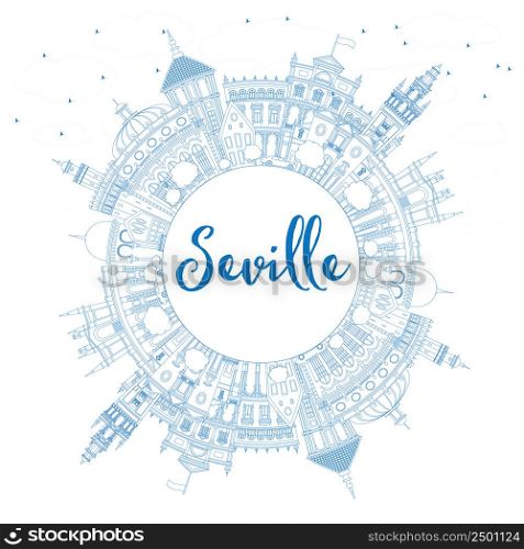 Outline Seville Skyline with Blue Buildings and Copy Space. Vector Illustration. Business Travel and Tourism Concept with Historic Architecture. Image for Presentation Banner Placard and Web Site.