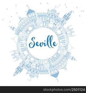 Outline Seville Skyline with Blue Buildings and Copy Space. Vector Illustration. Business Travel and Tourism Concept with Historic Architecture. Image for Presentation Banner Placard and Web Site.