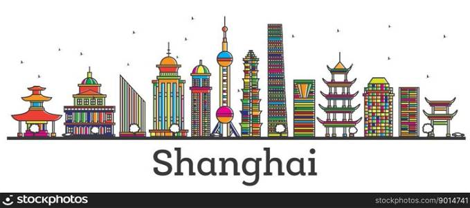 Outline Shanghai China City Skyline with Modern Buildings Isolated on White. Vector Illustration. Shanghai Cityscape with Landmarks.