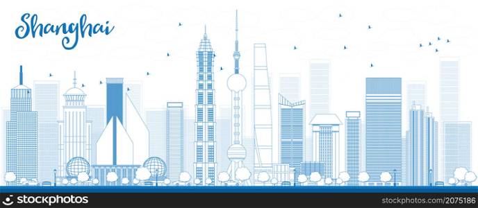 Outline Shanghai skyline with blue skyscrapers. Vector illustration