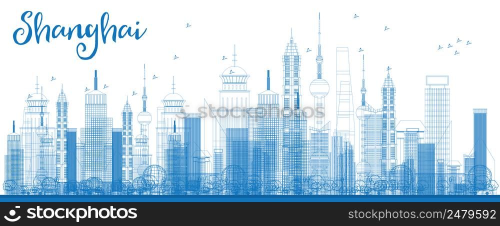 Outline Shanghai skyline with blue skyscrapers. Vector illustration. Business travel and tourism concept with modern buildings. Image for presentation, banner, placard and web site.