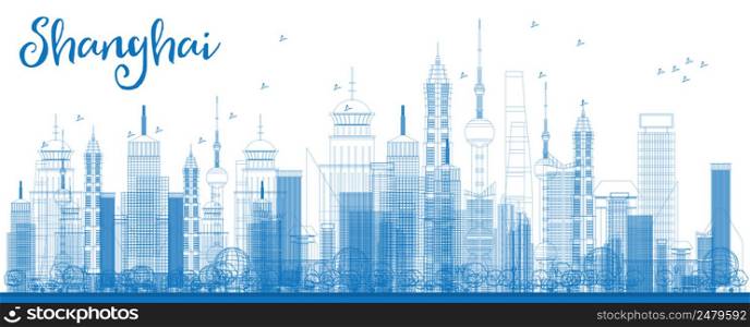 Outline Shanghai skyline with blue skyscrapers. Vector illustration. Business travel and tourism concept with modern buildings. Image for presentation, banner, placard and web site.