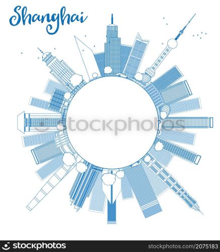 Outline Shanghai skyline with blue skyscrapers. Vector illustration with copy space