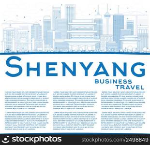 Outline Shenyang Skyline with Blue Buildings and Copy Space. Vector Illustration. Business Travel and Tourism Concept with Modern Buildings. Image for Presentation Banner Placard and Web Site.