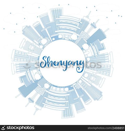 Outline Shenyang Skyline with Blue Buildings and Copy Space. Vector Illustration. Business Travel and Tourism Concept with Modern Architecture. Image for Presentation Banner Placard and Web Site.
