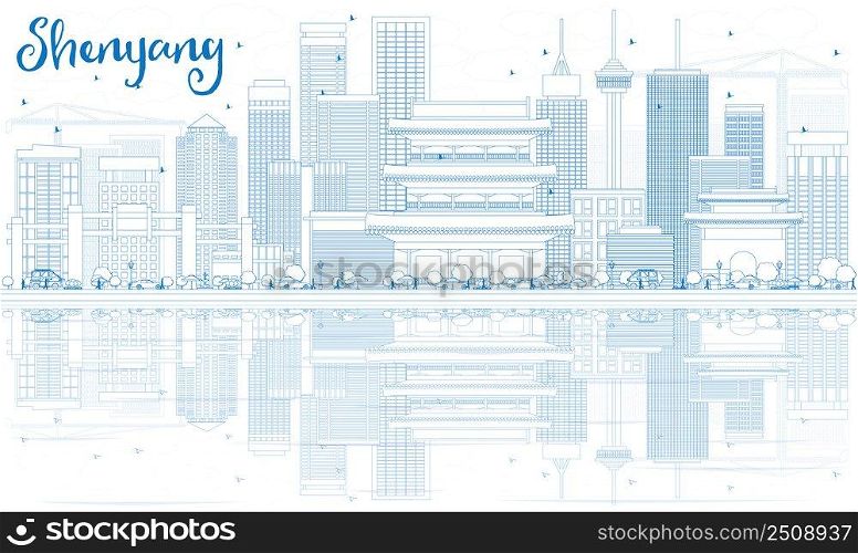 Outline Shenyang Skyline with Blue Buildings and Reflections. Vector Illustration. Business Travel and Tourism Concept with Modern Architecture. Image for Presentation Banner Placard and Web Site.