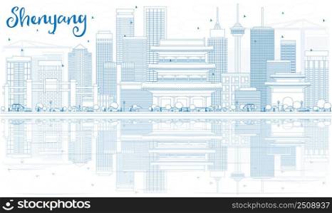 Outline Shenyang Skyline with Blue Buildings and Reflections. Vector Illustration. Business Travel and Tourism Concept with Modern Architecture. Image for Presentation Banner Placard and Web Site.