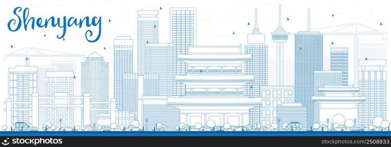 Outline Shenyang Skyline with Blue Buildings. Vector Illustration. Business Travel and Tourism Concept with Modern Buildings. Image for Presentation Banner Placard and Web Site.