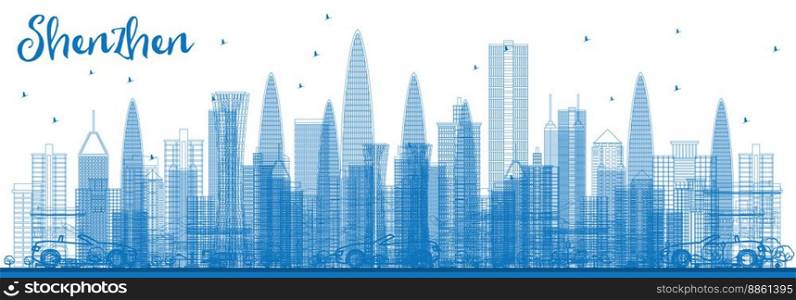 Outline Shenzhen Skyline with Blue Buildings. Vector Illustration. Business Travel and Tourism Concept with Modern Architecture. Image for Presentation Banner Placard and Web Site.