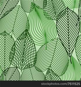 Outline silhouettes of spring green leaves seamless pattern. For nature, background or wallpaper design with birch, chestnut and elm leaves. Spring green leaves seamless pattern