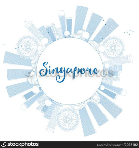 Outline Singapore skyline with blue landmarks and copy space. Vector illustration. Business travel and tourism concept with place for text. Image for presentation, banner, placard and web site.