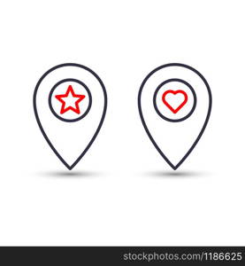 Outline star and heart in pinpoint icon. Favorite pin location gps map marker.