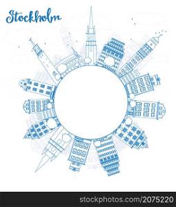 Outline Stockholm Skyline with Blue Buildings and copy space. Vector Illustration