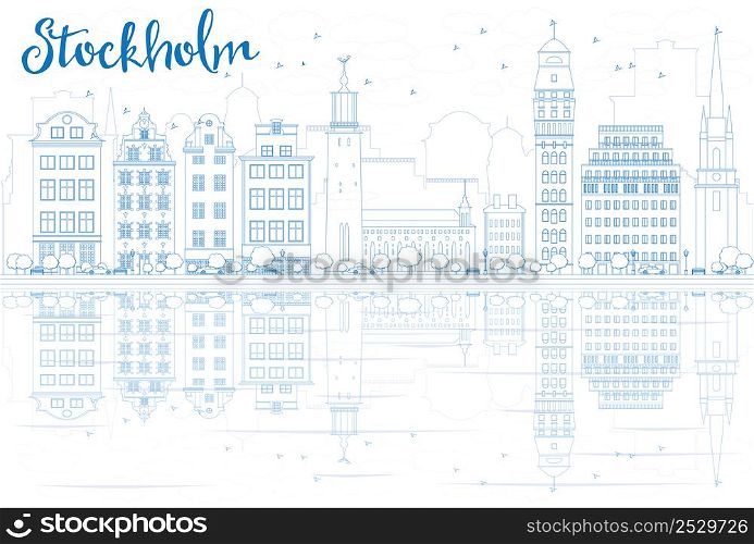 Outline Stockholm Skyline with Blue Buildings and Reflections. Vector Illustration. Business travel and tourism concept with place for text. Image for presentation, banner, placard and web site.