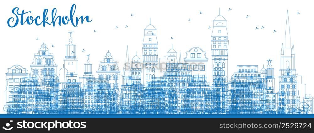 Outline Stockholm Skyline with Blue Buildings. Vector Illustration. Business travel and tourism concept with historic buildings. Image for presentation, banner, placard and web site.