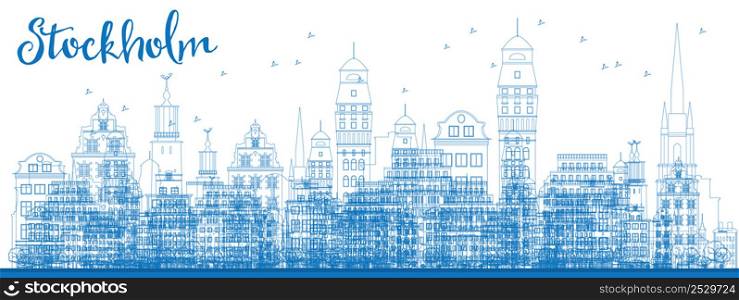 Outline Stockholm Skyline with Blue Buildings. Vector Illustration. Business travel and tourism concept with historic buildings. Image for presentation, banner, placard and web site.