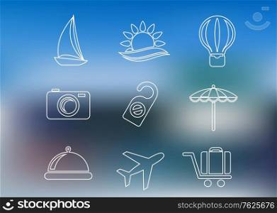 Outline style travel icons set with yacht beach balloon camera tag umbrella dish, airplane and luggage on blurred background for journey and tourism design