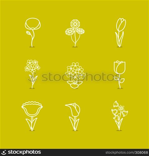 Outline stylized leaves and flowers. Line white images on yellow background. Vector illustration.. Outline stylized leaves and flowers