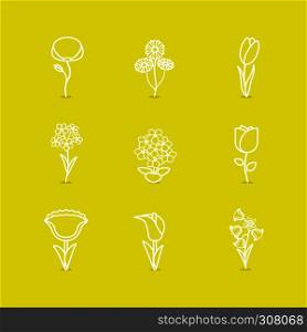 Outline stylized leaves and flowers. Line white images on yellow background. Vector illustration.. Outline stylized leaves and flowers