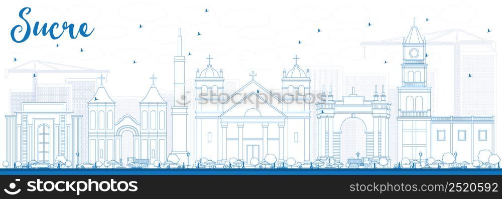 Outline Sucre Skyline with Blue Buildings. Vector Illustration. Business Travel and Tourism Concept with Historic Architecture. Image for Presentation Banner Placard and Web Site.