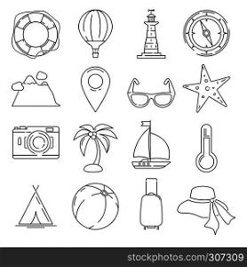 Outline summer or vacation vector icon set isolate on white background. Pool, sunset and leisure illustrations. Set of outline summer vacation icon, illustration of summer travel sea. Outline summer or vacation vector icon set isolate on white background. Pool, sunset and leisure illustrations