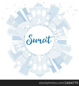 Outline Surat Skyline with Blue Buildings and Copy Space. Vector Illustration. Business Travel and Tourism Concept with Historic Architecture. Image for Presentation Banner Placard and Web Site.