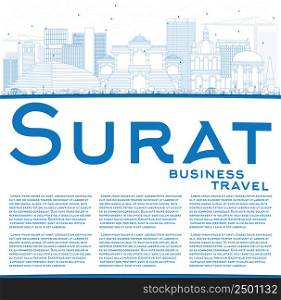 Outline Surat Skyline with Blue Buildings and Copy Space. Vector Illustration. Business Travel and Tourism Concept with Historic Buildings. Image for Presentation Banner Placard and Web Site.