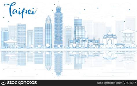 Outline Taipei skyline with blue buildings and reflections. Vector illustration. Business travel and tourism concept with place for text. Image for presentation, banner, placard and web site.