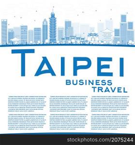 Outline Taipei skyline with blue landmarks and copy space. Vector illustration. Business travel and tourism concept with place for text. Image for presentation, banner, placard and web site.