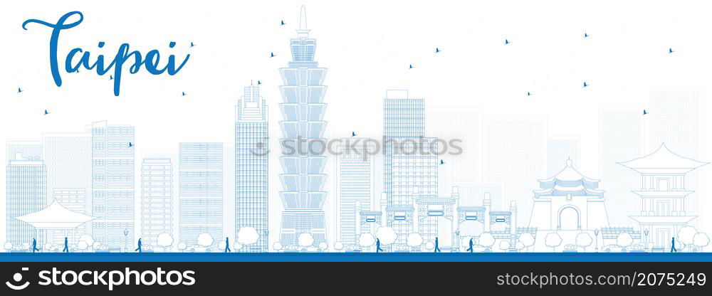 Outline Taipei skyline with blue landmarks. Vector illustration. Business travel and tourism concept with modern buildings. Image for presentation, banner, placard and web site.