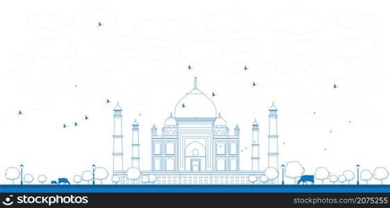 Outline Taj Mahal with Tree and cow. Front view Vector illustration