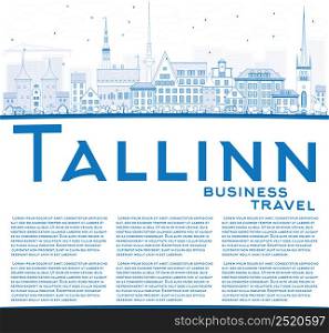 Outline Tallinn Skyline with Blue Buildings and Copy Space. Vector Illustration. Business Travel and Tourism Concept with Historic Buildings. Image for Presentation Banner Placard and Web Site.