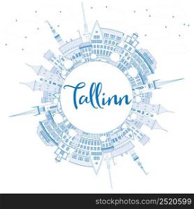 Outline Tallinn Skyline with Blue Buildings and Copy Space. Vector Illustration. Business Travel and Tourism Concept with Historic Buildings. Image for Presentation Banner Placard and Web Site.