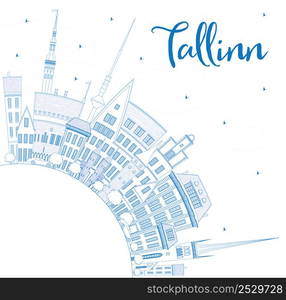 Outline Tallinn Skyline with Blue Buildings and Copy Space. Vector Illustration. Business Travel and Tourism Concept with Historic Buildings. Image for Presentation Banner Placard and Web Site.