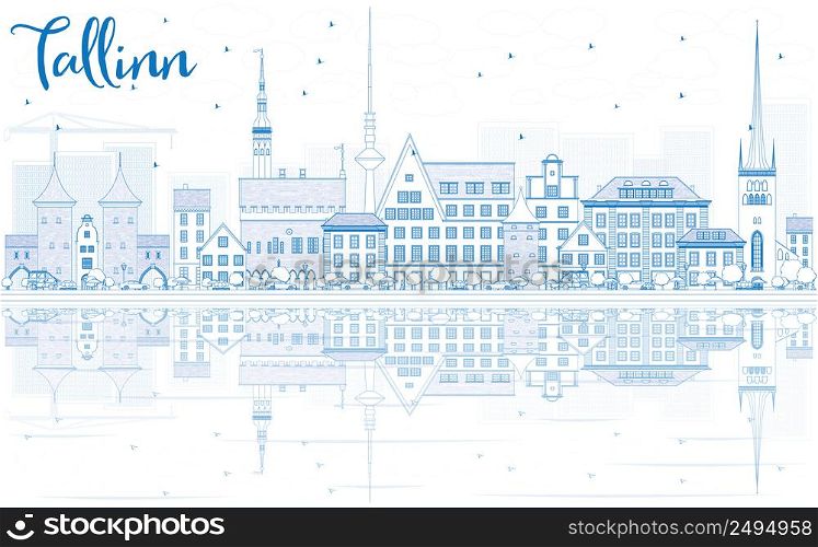 Outline Tallinn Skyline with Blue Buildings and Reflections. Vector Illustration. Business Travel and Tourism Concept with Historic Buildings. Image for Presentation Banner Placard and Web Site.