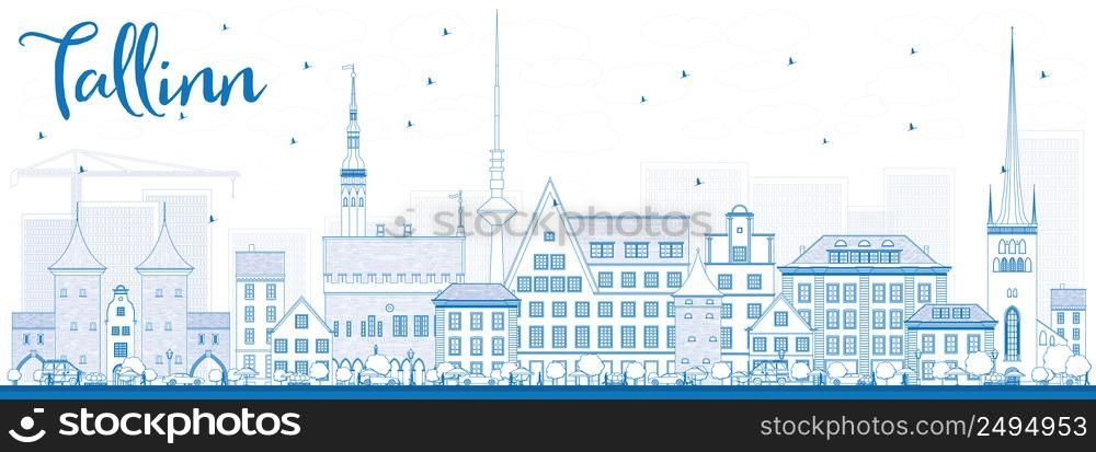 Outline Tallinn Skyline with Blue Buildings. Vector Illustration. Business Travel and Tourism Concept with Historic Buildings. Image for Presentation Banner Placard and Web Site.