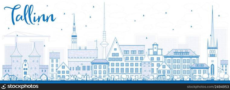 Outline Tallinn Skyline with Blue Buildings. Vector Illustration. Business Travel and Tourism Concept with Historic Buildings. Image for Presentation Banner Placard and Web Site.