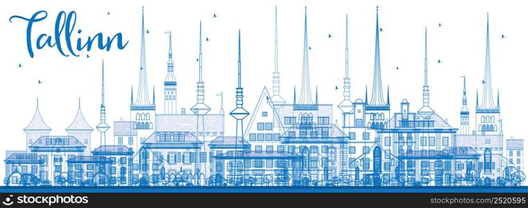 Outline Tallinn Skyline with Blue Buildings. Vector Illustration. Business Travel and Tourism Concept with Historic Architecture. Image for Presentation Banner Placard and Web Site.